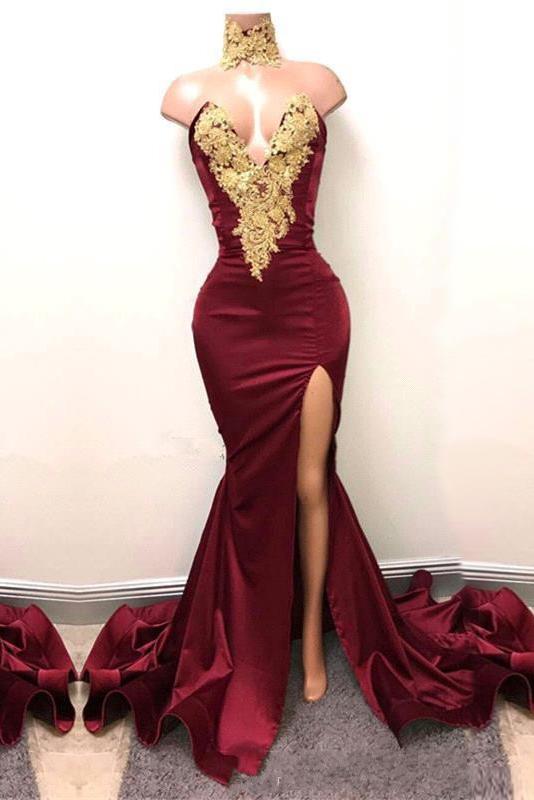 Front-Split High Neck Mermaid Burgundy Lace Appliques Prom Dresses  SP0326