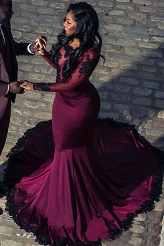 Gorgeous Scoop Long Sleeves Lace Appliques Tulle Sexy Mermaid Floor-Length Prom Dresses