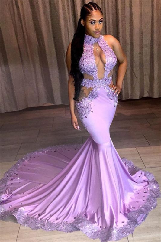 Glamorous Halter Sleeveless Sequins Lace Appliques Lace Sexy Mermaid Prom Dresses