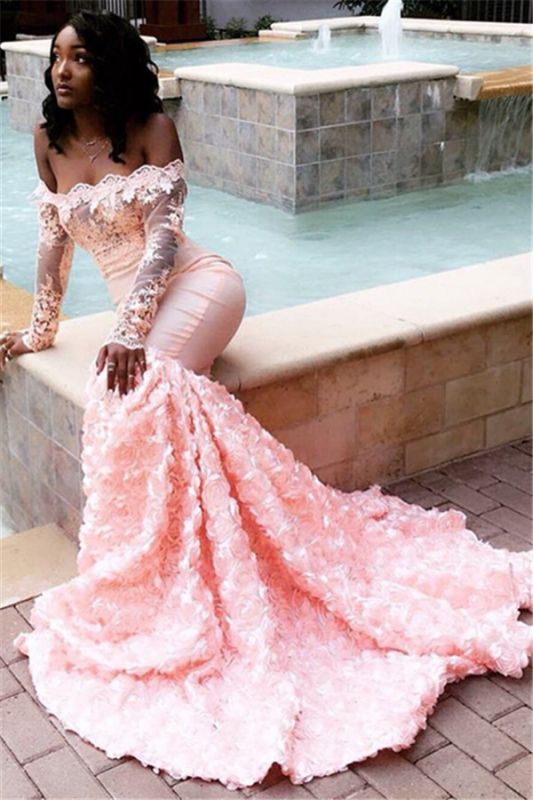 Glamorous Off-the-Shoulder Long Sleeves Lace Appliques Sexy Mermaid Sweep Train Prom Dresses