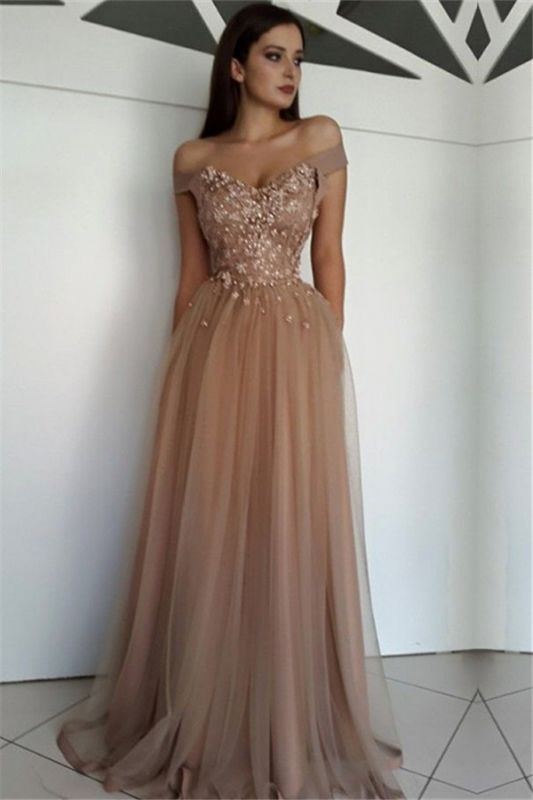 Glamorous Off-the-Shoulder Beads Lace Appliques Tulle A-Line Floor-Length Prom Dresses