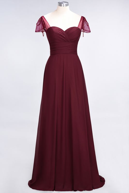 Elegant Princess Chiffon Sweetheart Cap-Sleeves Ruffle Floor-Length Bridesmaid Dress with Beadings