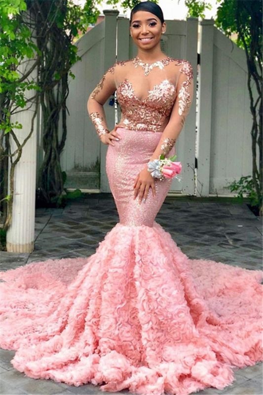 Glamorous Round Neck Sequins Sexy Mermaid Long Sleeves Tulle Prom Dresses