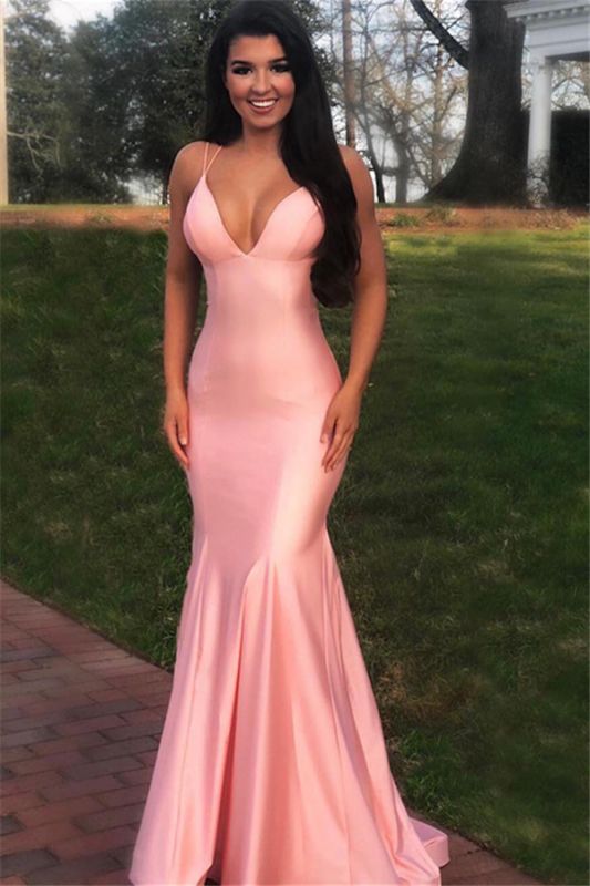 Pink Elegant Spaghetti Straps Criss Cross Mermaid Prom Dresses