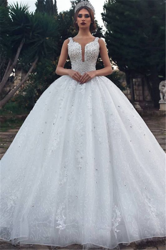 Elegant Straps Sleeveless Lace Appliques V-Neck Rhinestones Ball Gown Wedding Dresses