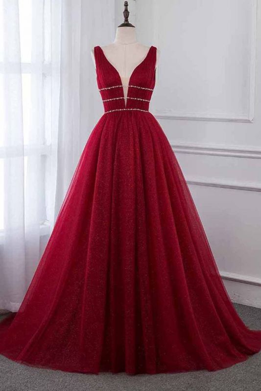 Deep V-Neck Sleeveless Tulle A-Line Rhinestones Prom Dresses