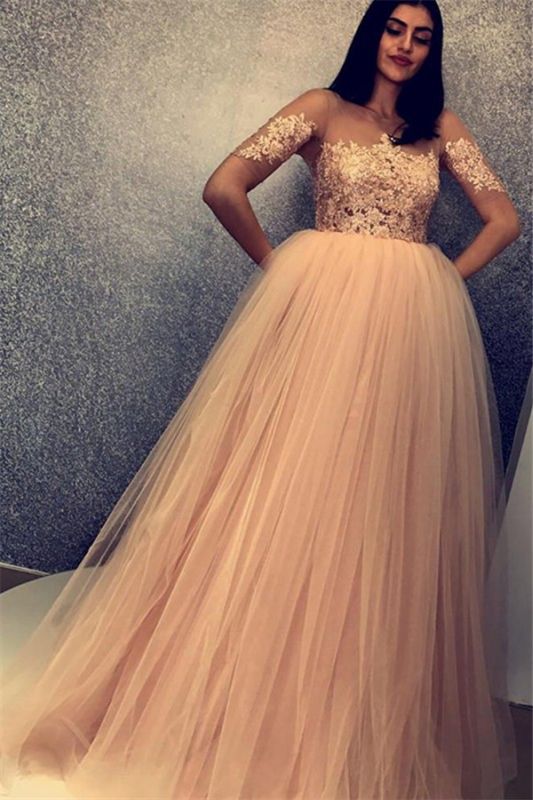 Stylish Scoop Short Sleeves Lace Appliques Tulle A-Line Floor-Length Prom Dresses