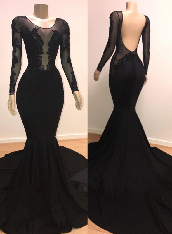 Unique Scoop Long Sleeves Backless Lace Appliques Tulle Sexy Mermaid Prom Dresses