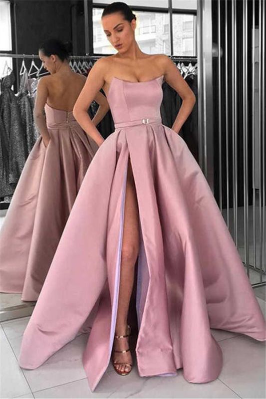 Sexy Sleeveless Strapless Front Split A-Line Floor-Length Prom Dresses