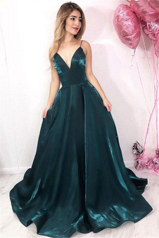 Chic Spaghetti Straps A-Line Sleeveless Prom Dresses V-Neck Evening Dresses