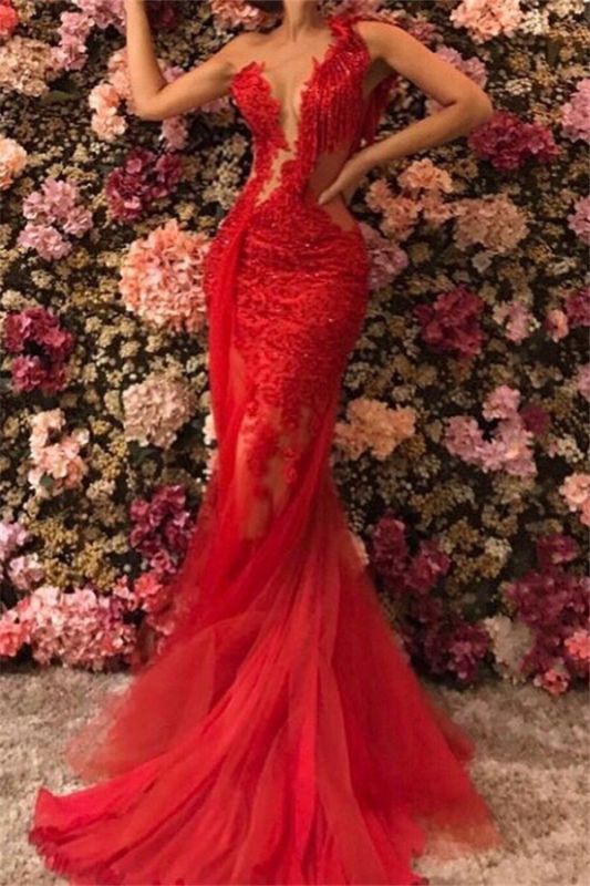 Chic One Shoulder Lace Appliques Tulle Beads Sexy Mermaid Floor-Length Prom Dresses