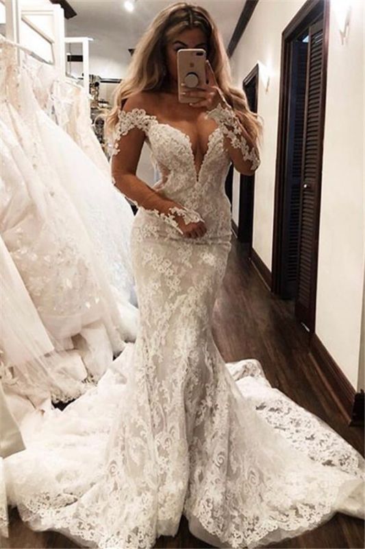 Gorgeous Off The Shoulder Long Sleeve V-Neck Lace Appliques Sexy Mermaid Floor Length Wedding Dresses