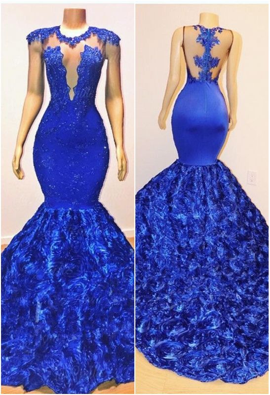 New Arrival Royal Blue Flowers Mermaid Evening Gowns | Glamorous Sleeveless With lace Appliques Long Prom Dresses Cheap