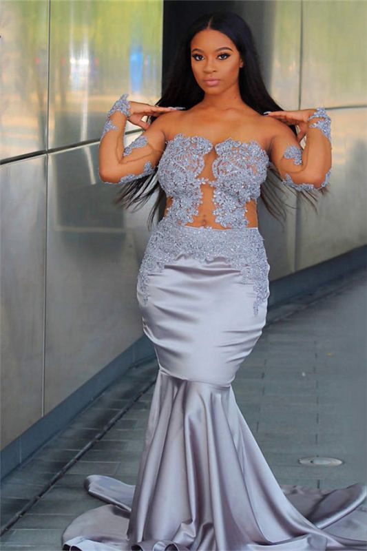 Chic Off The Shoulder Long Sleeves Sexy Mermaid Prom Dresses | New Arrival Sheer Tulle Appliques Evening Gowns