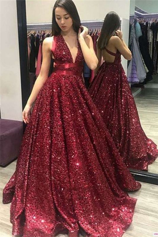 2021 Elegant Deep V-Neck Open-Back Prom Dresses | Sexy Halter Sequins A-Line Evening Dresses BC1055