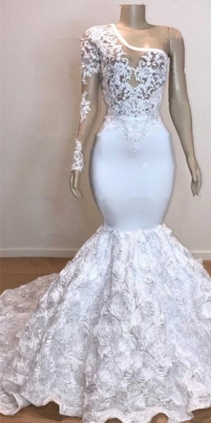 One Shoulder Lace Appliques Meramid Long Prom Dresses  with sleeves