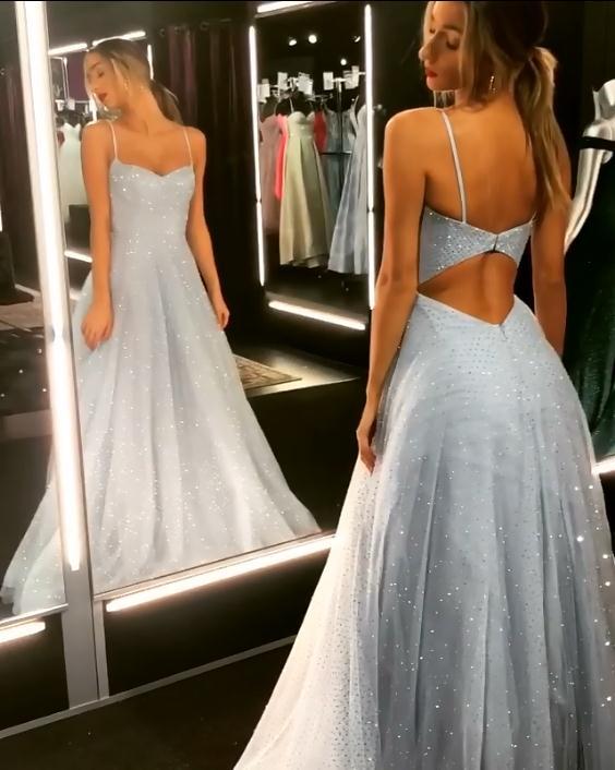Sparkly Backless Dress Tulle Floor Length Prom Dresses | Long Evening Gowns