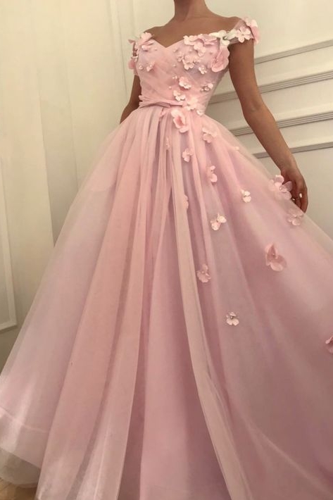 Rosa flores una línea de tul largo vestido de fiesta barato | Elegantes vestidos de noche fuera del hombro