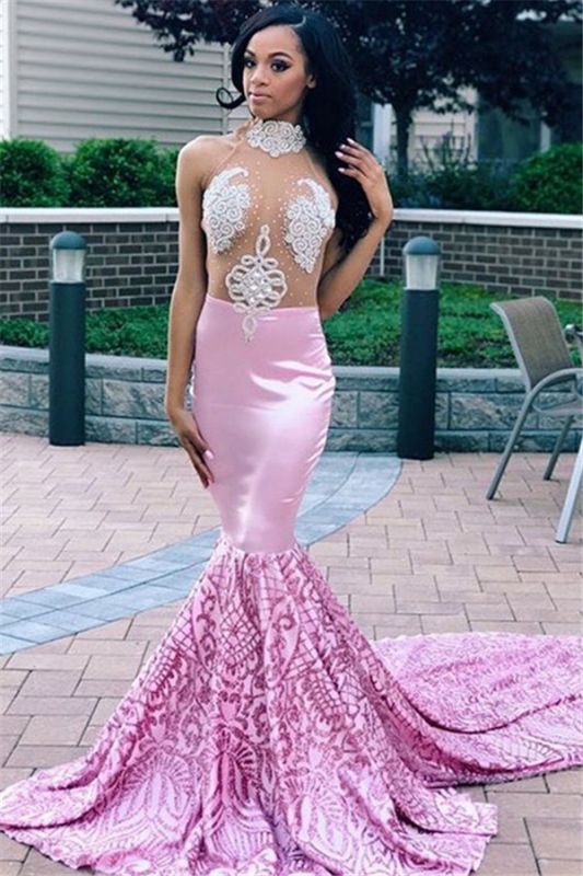 Sexy Pink Mermaid High Neck Sleeveless Sheer Tulle Applique Prom Dresses