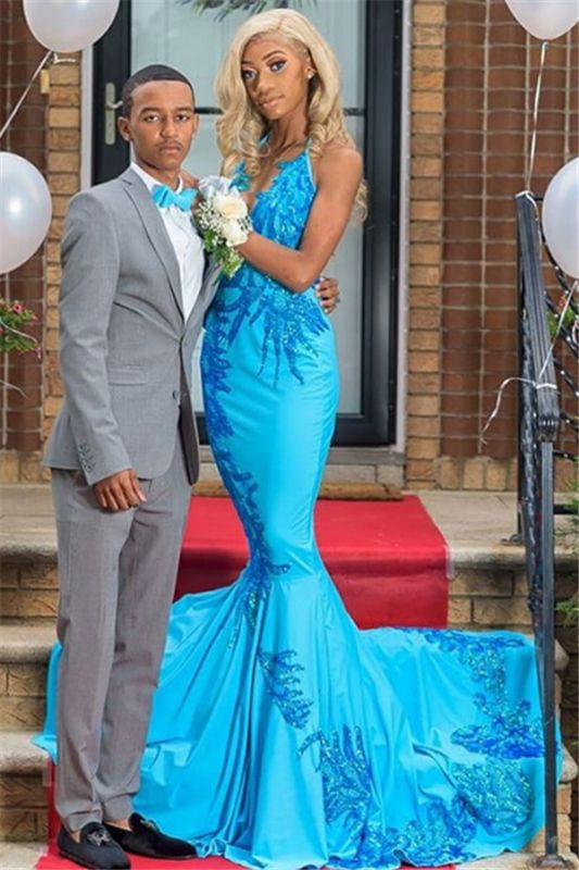2021 Elegant Appliques Mermaid Prom Dresses | Sexy Blue Halter Sleeveless Evening Gowns