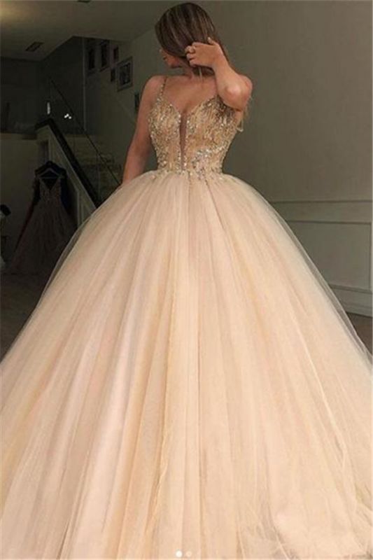 Glamorous Ball Gown Spaghetti Straps Beaded Prom Dresses