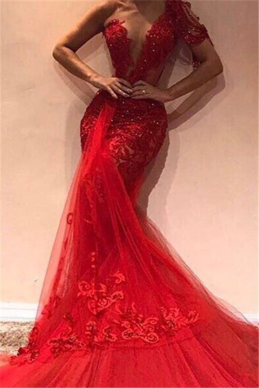 Gorgeous Mermaid One Shoulder Tulle Appliques Prom Dresses