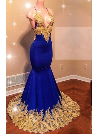 Appliques Spaghetti Sleeveless Formal Dresses Long | V-neck Mermaid Long Prom Dresses