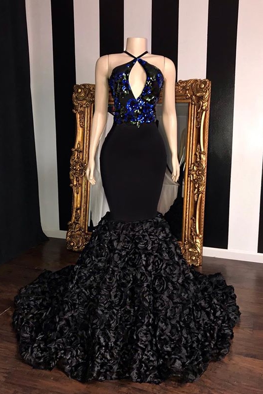 Black Sleeveless Flowers Mermaid Long Prom Dresses  | Elegant Halter Sequins Appliques Evening Gowns