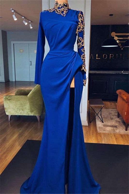 Royal Blue High Neck Side Slit Mermaid Long Prom Dresses  | Elegant Long Sleeve Appliques Evening Gowns