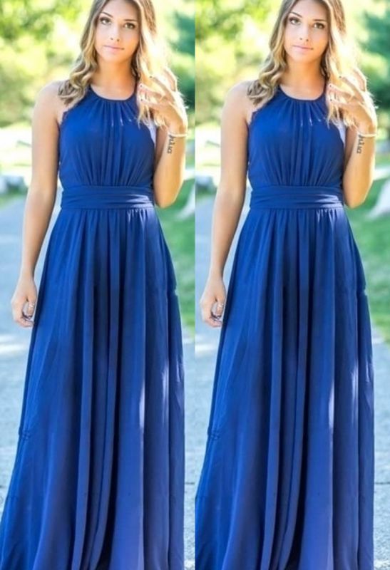 Ocean Blue Halter Chiffon   Bridesmaid Dresses |  Open Back Floor-length Bridesmaid Dresses