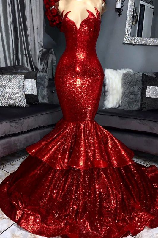 Robe de bal rouge sirène scintillante avec des volants | Robes de soirée élégantes avec des détails brillants