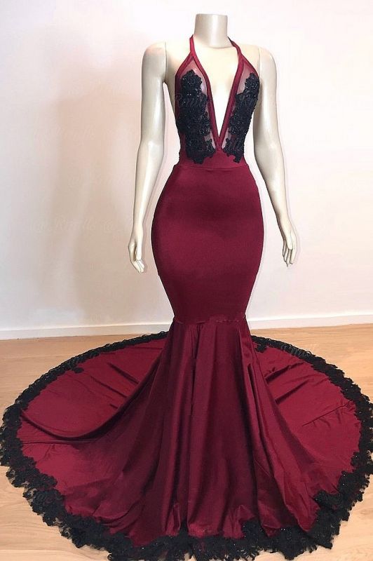 Sexy V-neck Burgundy Prom Dresses with Black Lace | Appliques Mermaid Evening Dresses  Online