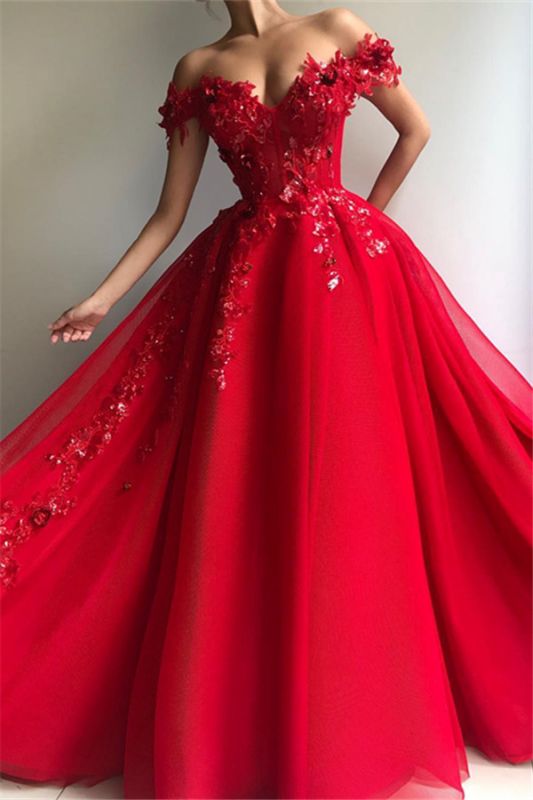 New Arrival Ball Gown Off The Shoulder Applique Flowers Evening Dresses