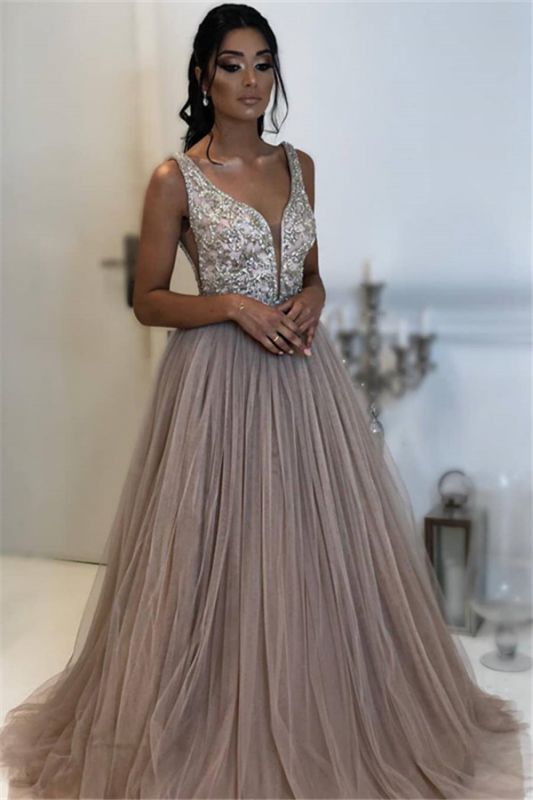 Glamorous A-line Sleeveless Applique Tulle Evening Dresses