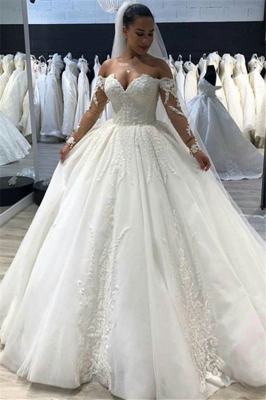 New Arrival Long Sleeve Ball Gown Wedding Dresses  | Online Fluffy Tulle Appliques Bridal Gowns