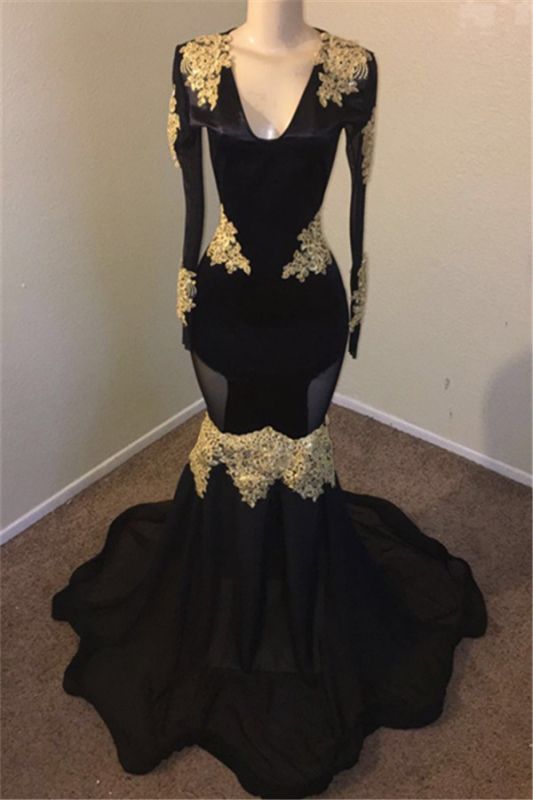 Black Mermaid V-neck Long Sleeve Prom Dresses | Gold Appliques Evening Gowns