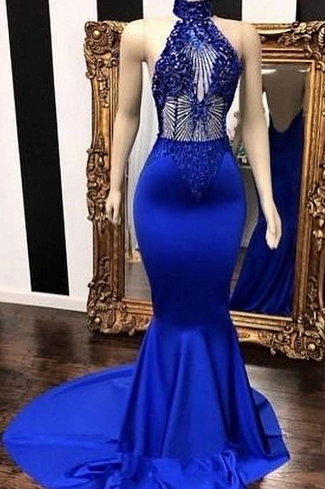 Halter bleu royal sans manches en dentelle de perles sirène longue robes de bal