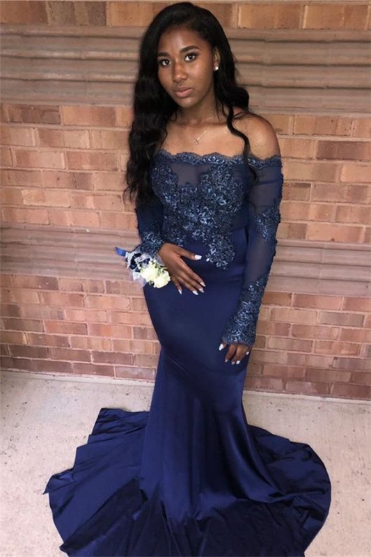 Navy Blue Appliques Long Sleeveless Prom Dresses | Sexy Off The Shoulder Mermaid Evening Gowns