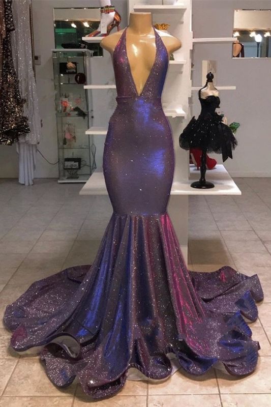 Deep V-Neck Sleeveless Long Prom Dresses  | New Arrival Halter Memaiad Sequins Evening Gowns