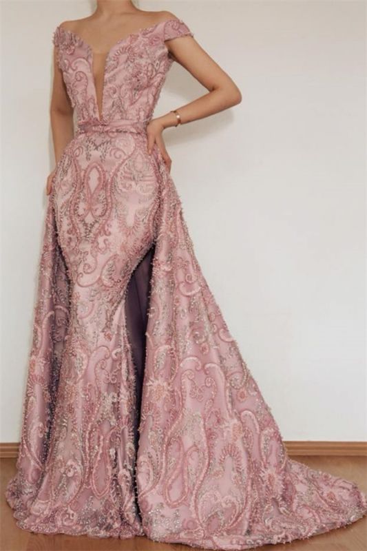 Elegant Mermaid Off The Shoulder Applique Long Pink Evening Dresses With Detachable Skirt