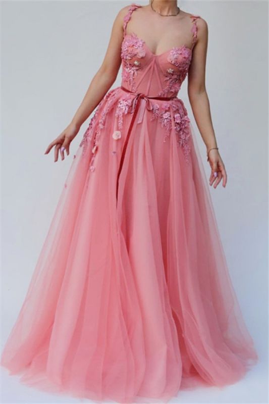 Pink  A-line Spaghetti Tulle Flower Applique Prom Dresses