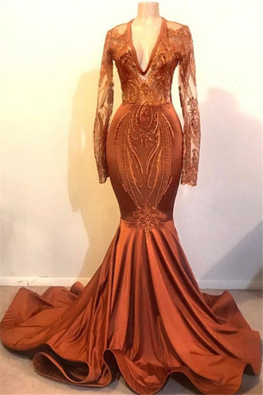 Classic Dust Orange Mermaid V-neck Long Sleeve Prom Dresses