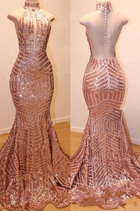 Shiny Rose Gold Sequins MermaidProm Gowns | High Neck Sleeveless Long Prom Dresses