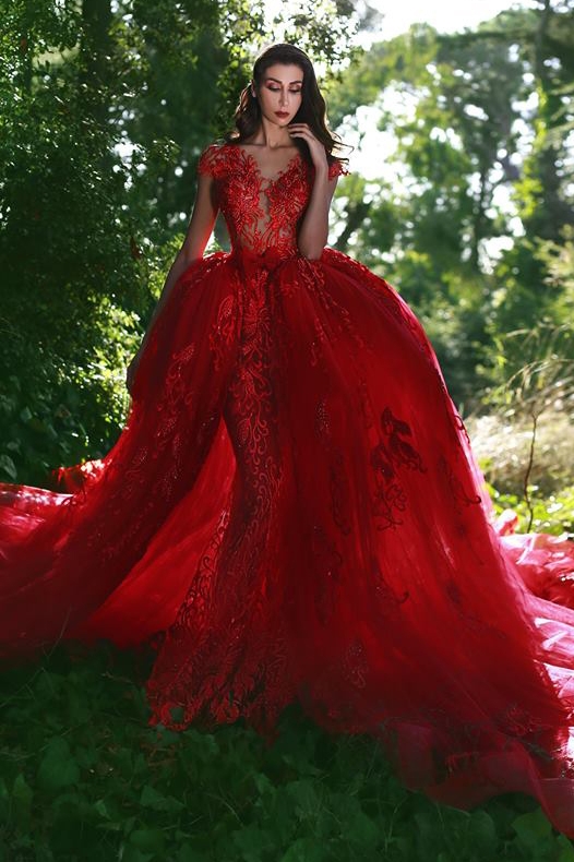 Sur-jupe rouge dentelle col en V glamour appliques robes de bal BA7655
