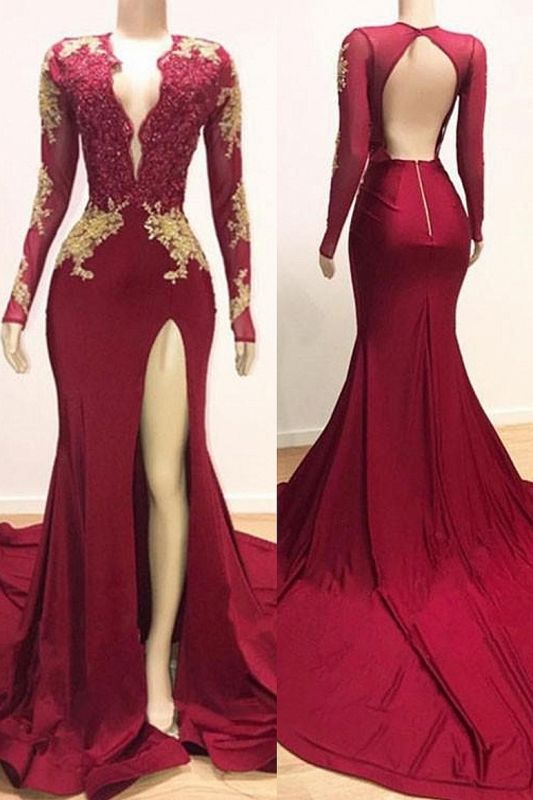 Deep V-neck Long Sleeve Prom Dresses  with Slit | Lace Appliques Sexy Burgundy Evening Gowns
