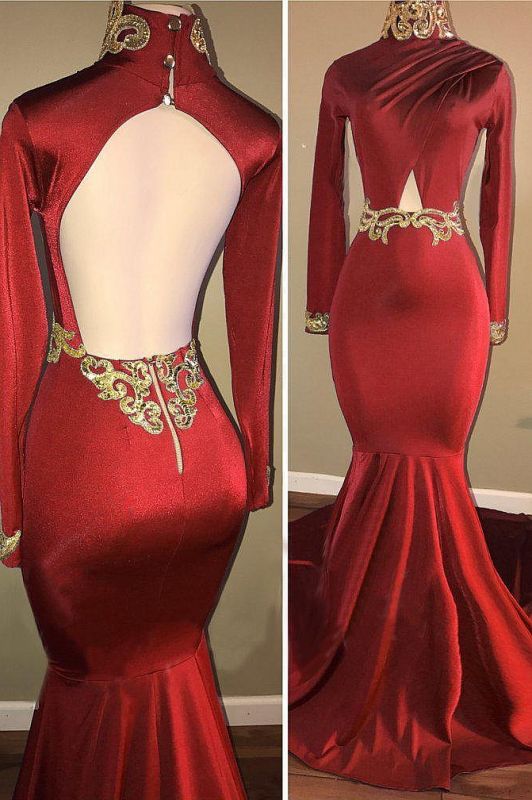 Long Sleeve Gold Lace Appliques Red Prom Gowns | High Neck Open Back Mermaid Sexy Prom Dresses