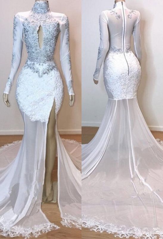 White Stunning Lace Long Sleeve Long Prom Dresses  | New Arrival Sheer Tulle Slit Mermaid Evening Gowns