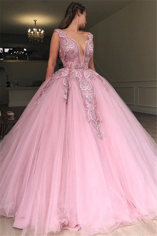 Glamorous Pink Ball Gown Deep V-Neck Sleeveless Applique Evening Dresses