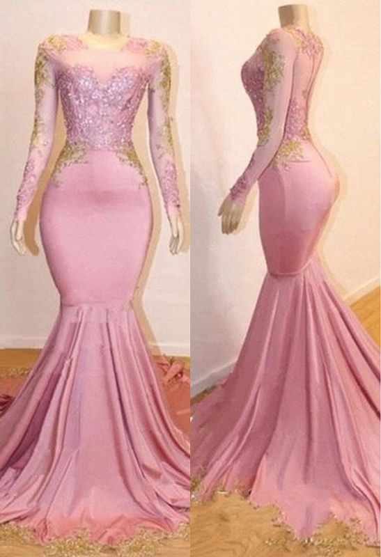 Appliques rosados mangas largas vestidos de baile | 2021 magníficos vestidos de noche de sirena