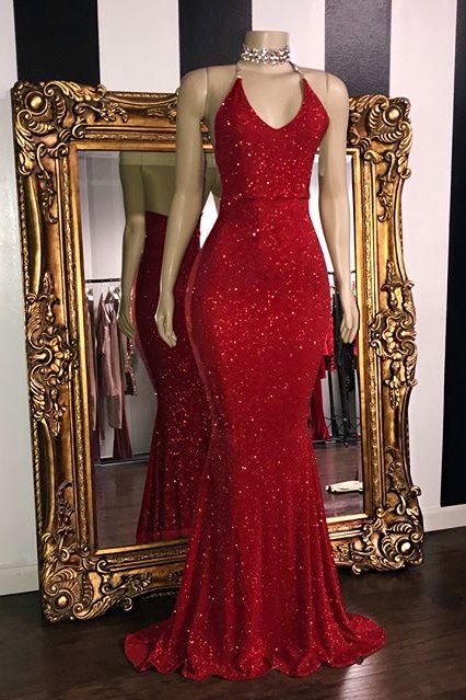 Sequins Sleeveless Mermaid Long Prom Dresses  | Glitter New Arrival Halter Red Evening Gowns